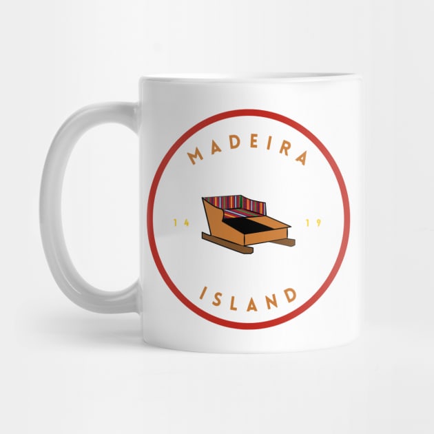 Madeira Island 1419 logo with the traditional toboggan ride/carro de cesto in colour by Donaby